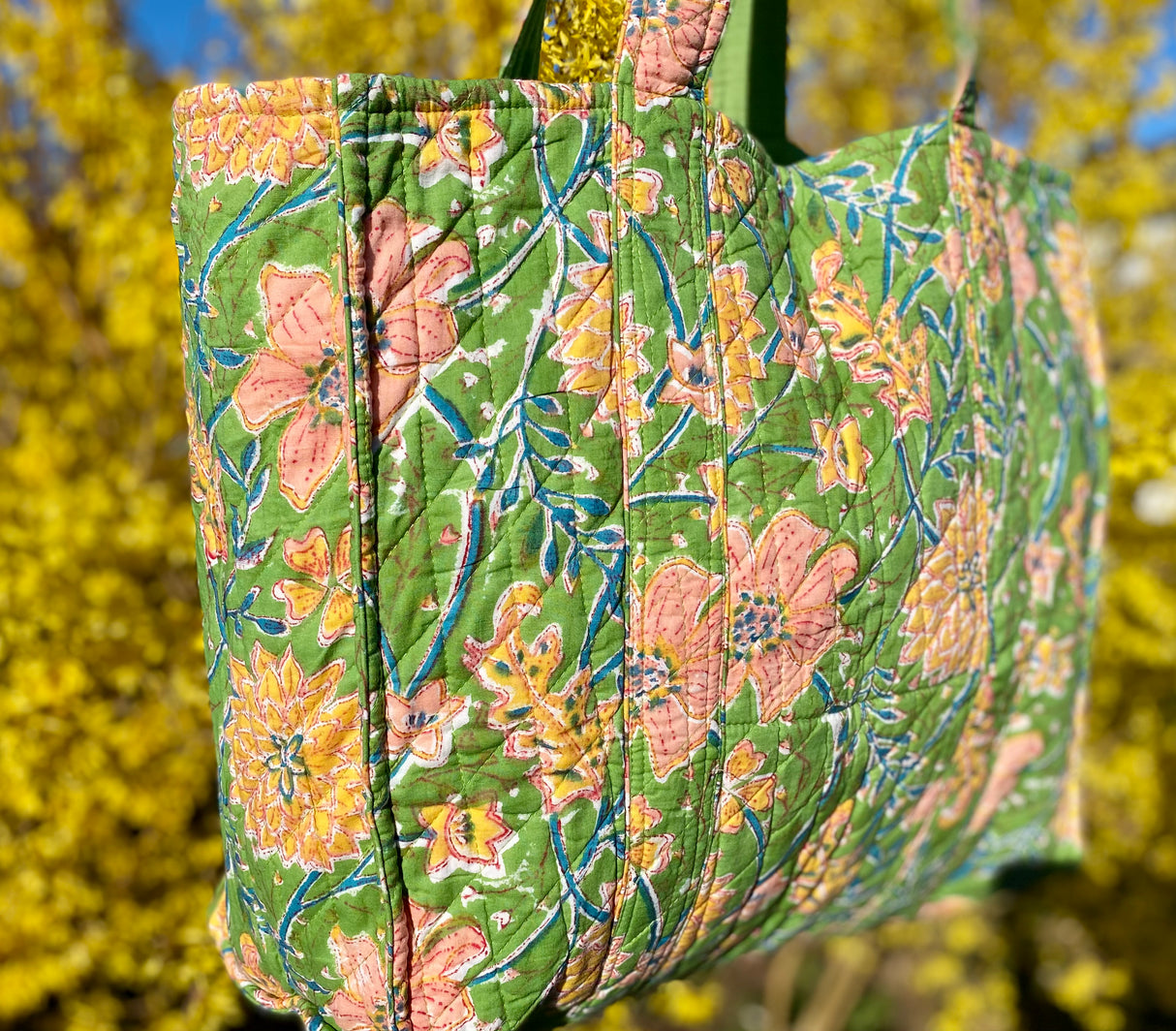 Kun 1 igjen! Tote bag - Block print - Grønn / rosa blomster