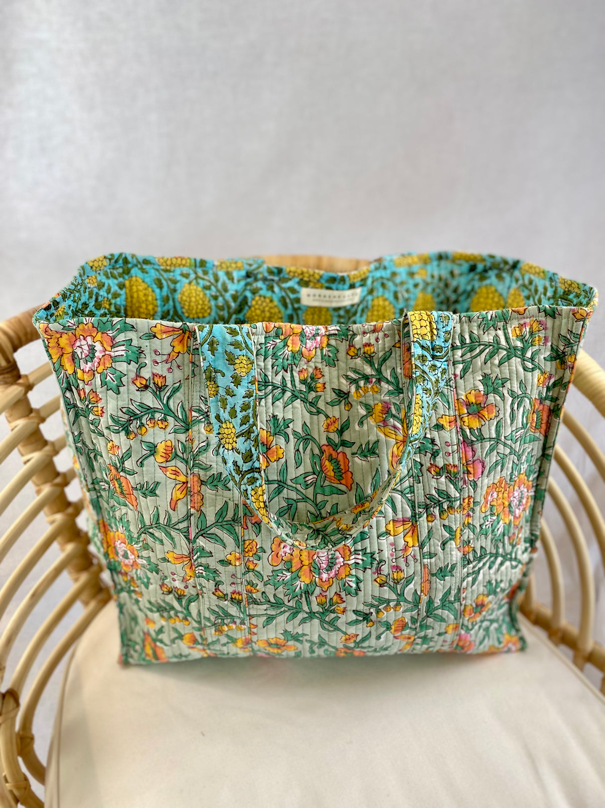 Kun 1 igjen! Tote bag - Block print - Flerfarget blomstermønster