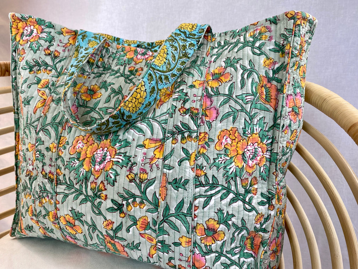 Kun 1 igjen! Tote bag - Block print - Flerfarget blomstermønster