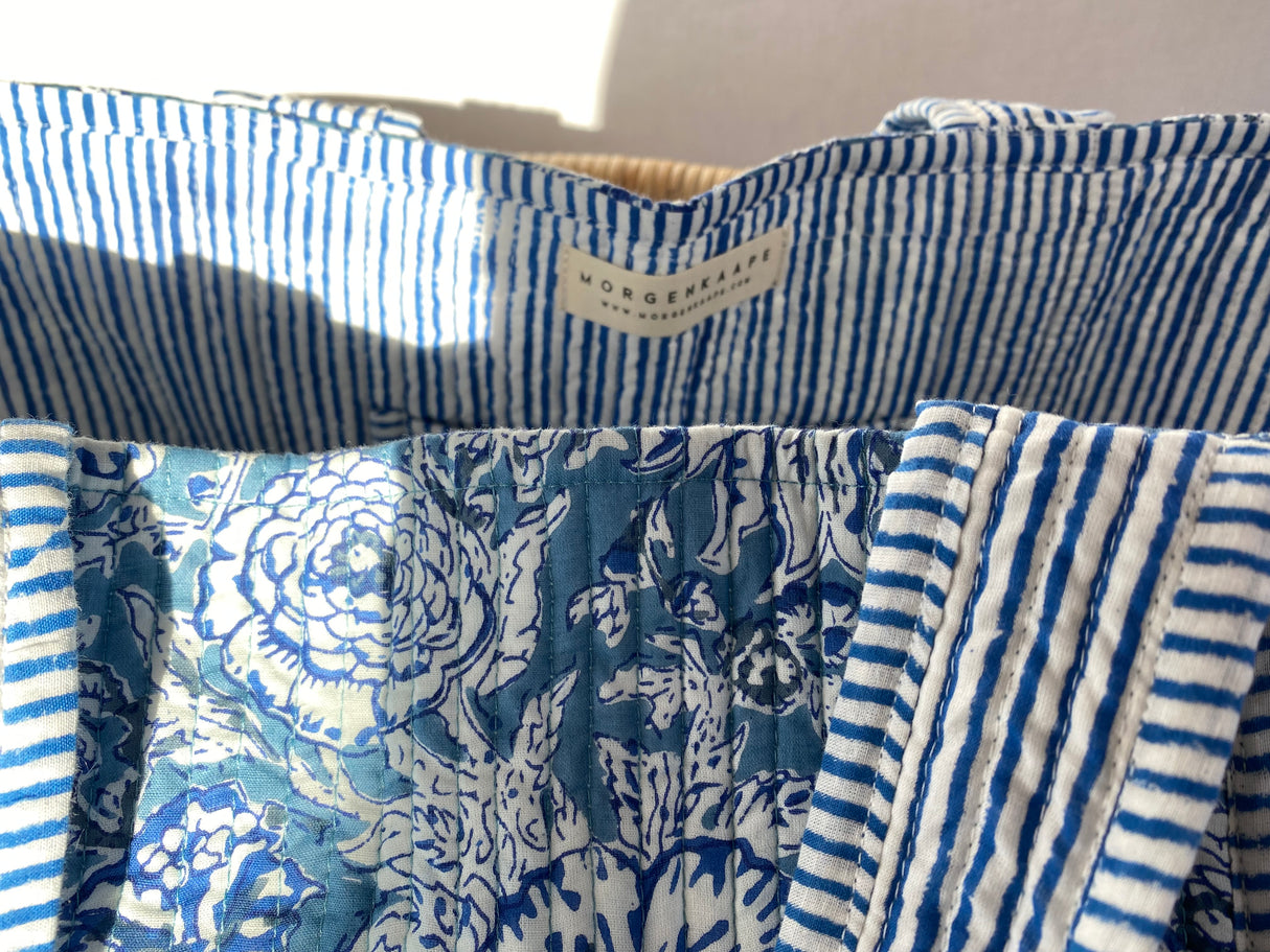 Tote bag - Block print - Klassisk blå striper/blomstermønster