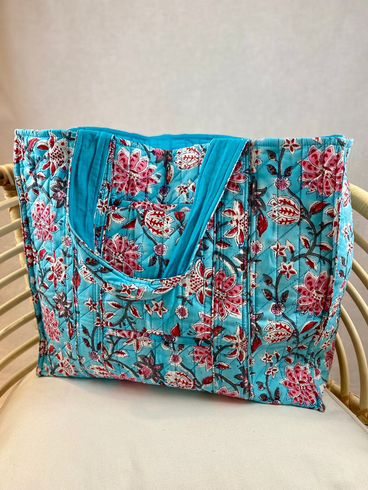 Kun 1 igjen! Tote bag - Block print - Turkis/rosa/rød/blomster