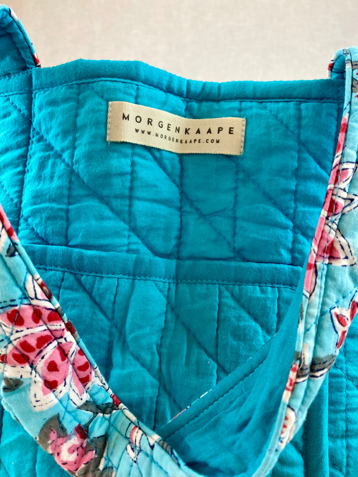 Kun 1 igjen! Tote bag - Block print - Turkis/rosa/rød/blomster