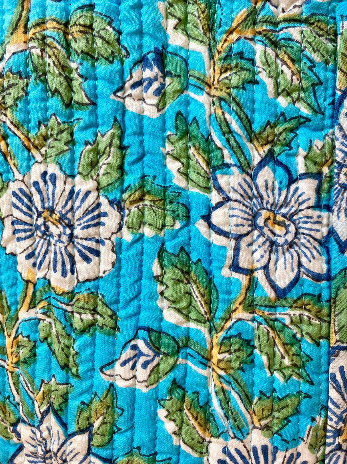 Kun 1 igjen! Tote bag - Block print - Skarp grønn/blå/blå/hvite blomster