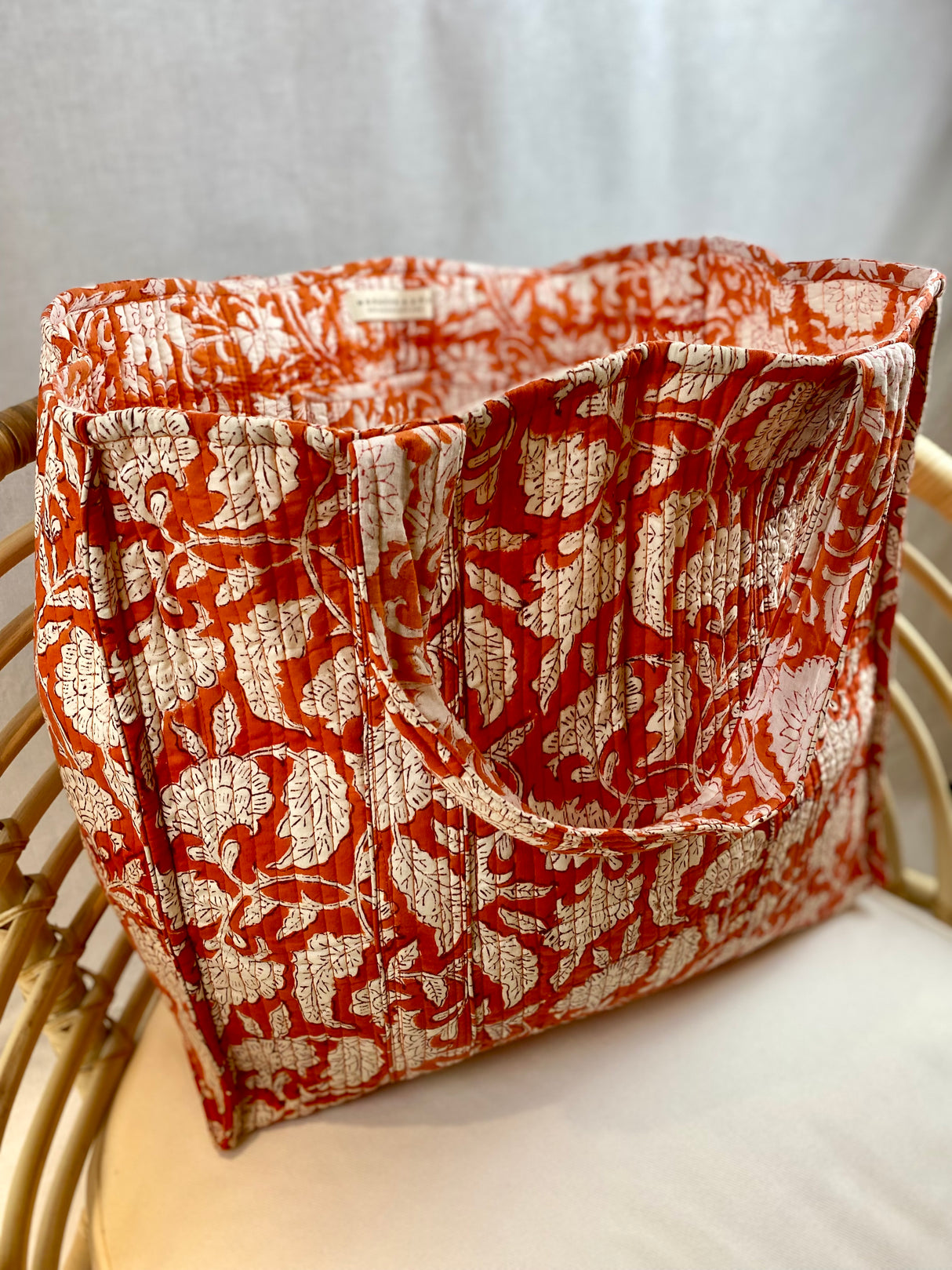 Tote bag - Block print - Blomster rød/hvit