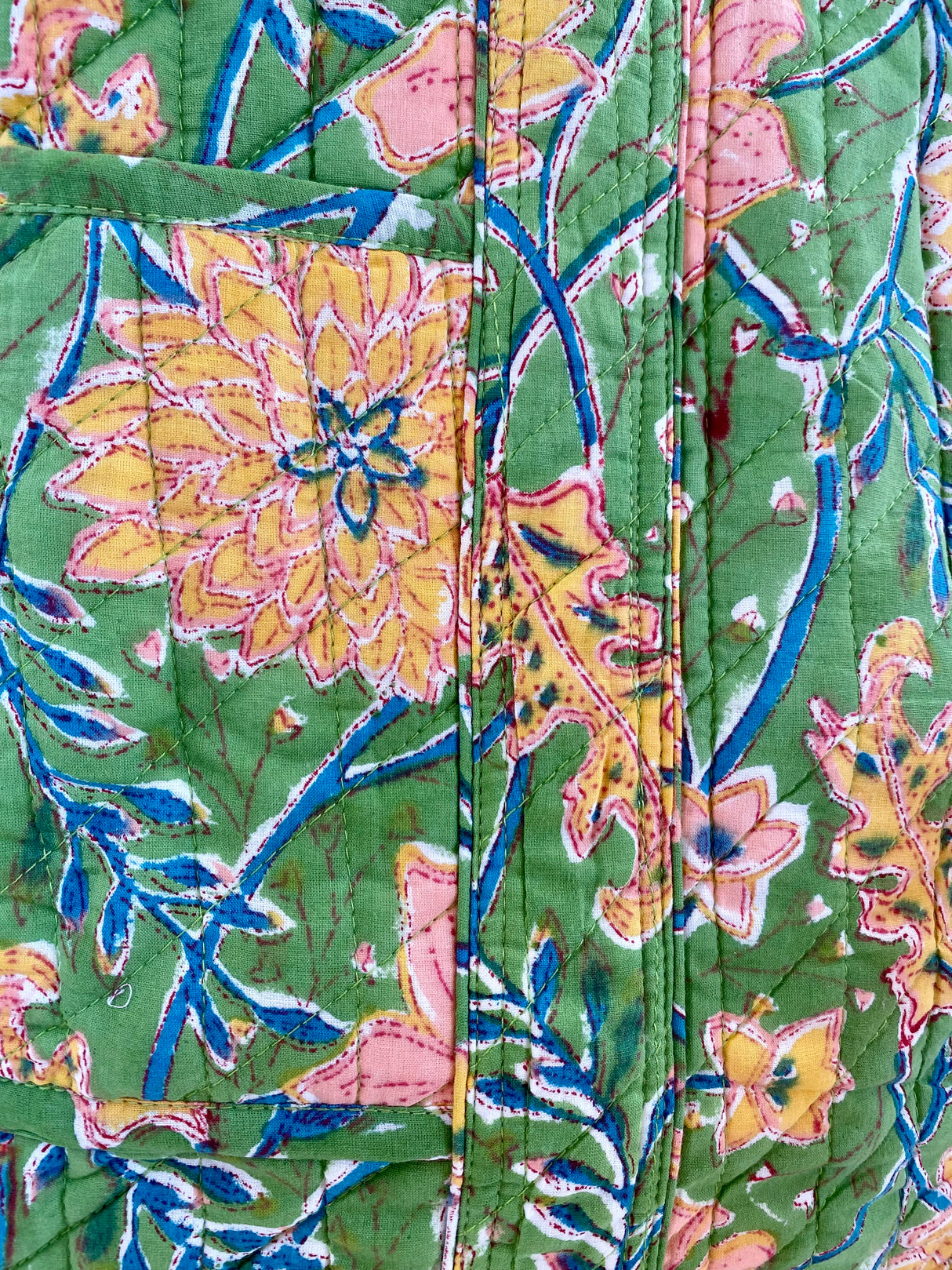 Kun 1 igjen! Tote bag - Block print - Grønn / rosa blomster