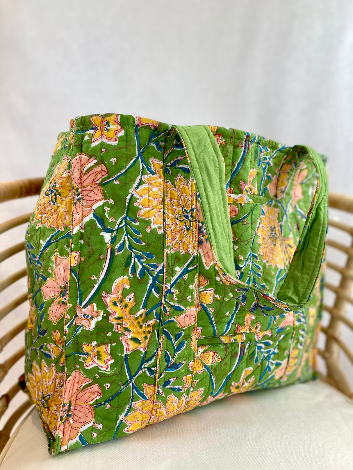 Kun 1 igjen! Tote bag - Block print - Grønn / rosa blomster