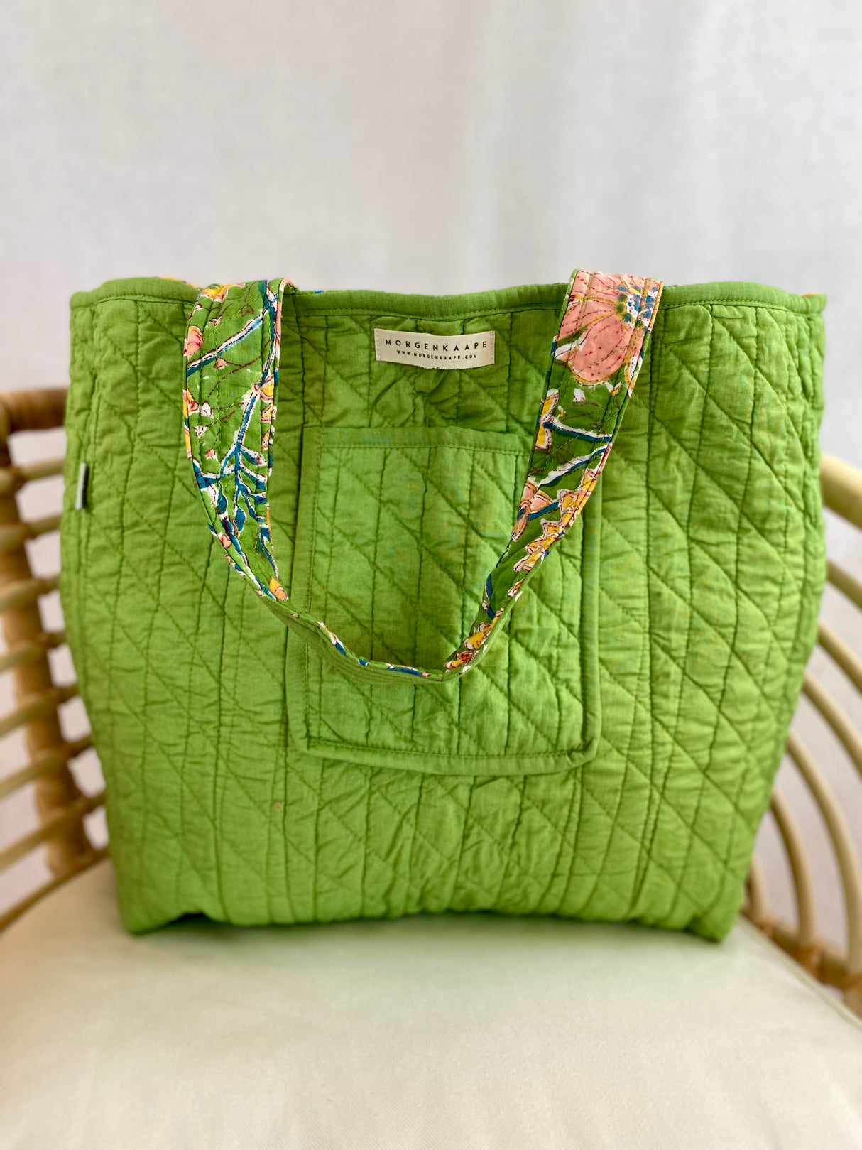 Kun 1 igjen! Tote bag - Block print - Grønn / rosa blomster